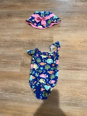 Gymboree Royal Blue Toddler Swimsuit and Hat with fish